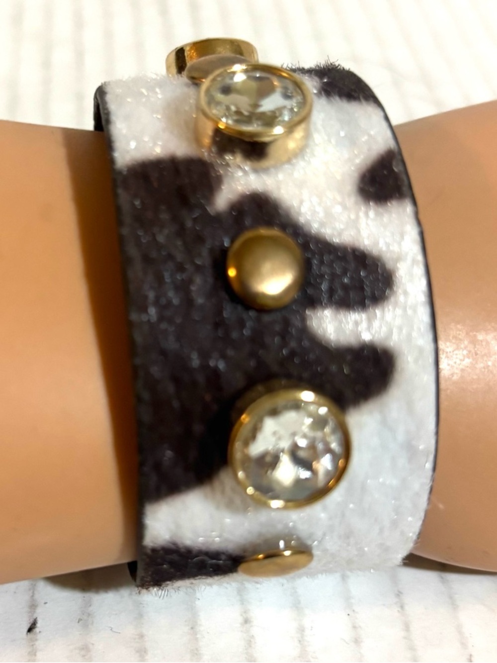 Animal Print Studded Leather Cuff Bracelet - Black & White